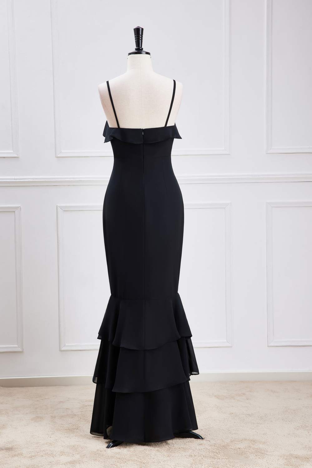 Straps Black  Ruffle  Long Mermaid Bridesmaid Dress