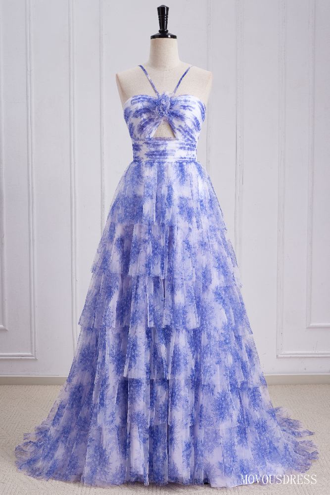 Blue Floral Print Halter Milti-Layer Tulle Prom Dress