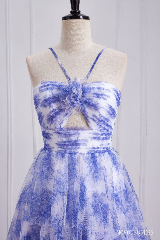 Blue Floral Print Halter Milti-Layer Tulle Prom Dress