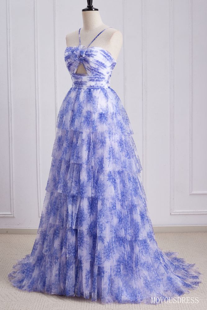 Blue Floral Print Halter Milti-Layer Tulle Prom Dress