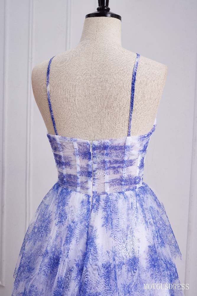 Blue Floral Print Halter Milti-Layer Tulle Prom Dress