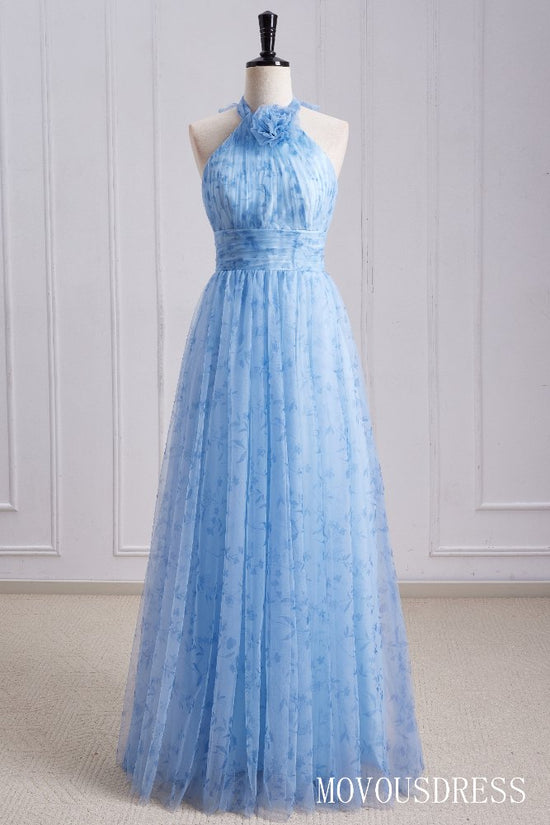 Blue Halter A-Line Pleated Tulle Bridesmaid Dress with Halter Bow