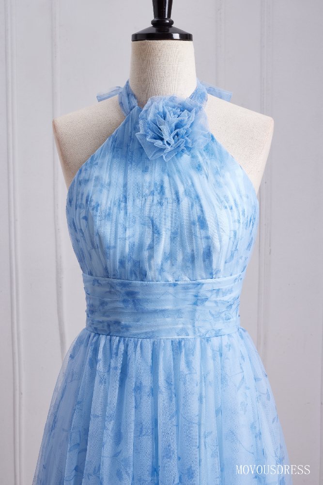 Blue Halter A-Line Pleated Tulle Bridesmaid Dress with Halter Bow