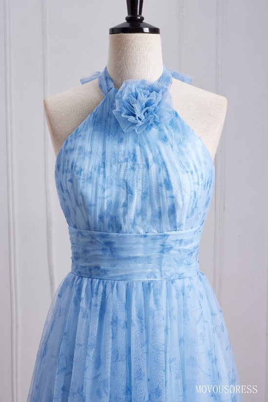 Blue Halter A-Line Pleated Tulle Bridesmaid Dress with Halter Bow