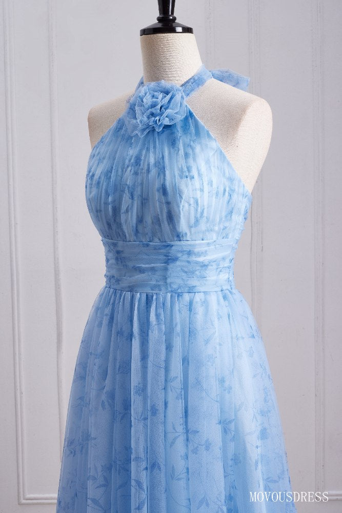 Blue Halter A-Line Pleated Tulle Bridesmaid Dress with Halter Bow