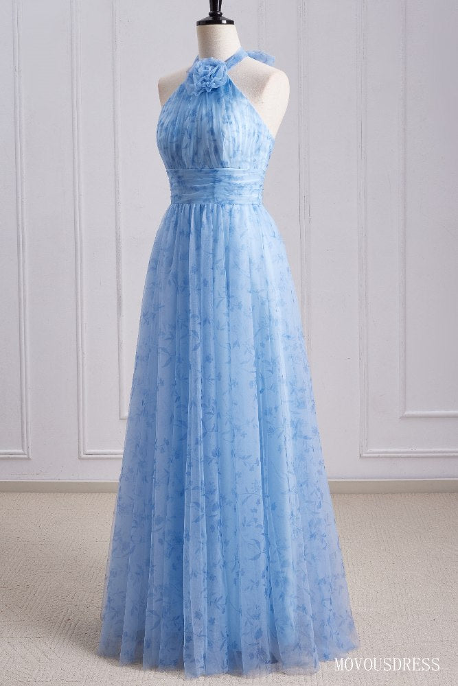 Blue Halter A-Line Pleated Tulle Bridesmaid Dress with Halter Bow