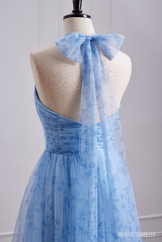 Blue Halter A-Line Pleated Tulle Bridesmaid Dress with Halter Bow