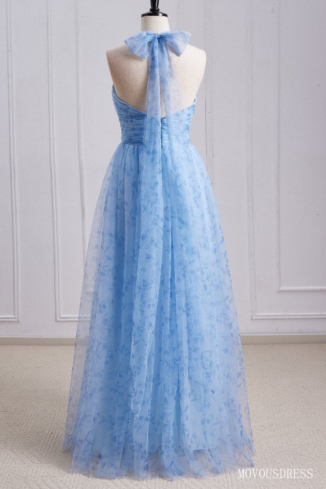 Blue Halter A-Line Pleated Tulle Bridesmaid Dress with Halter Bow