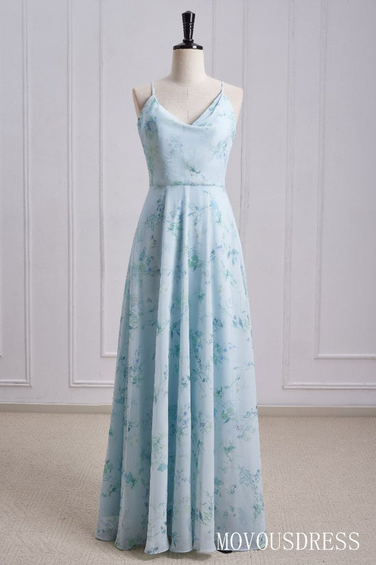 Floral Print Cowl Neck A-Line Long Bridesmaid Dress with Criss Cross Back