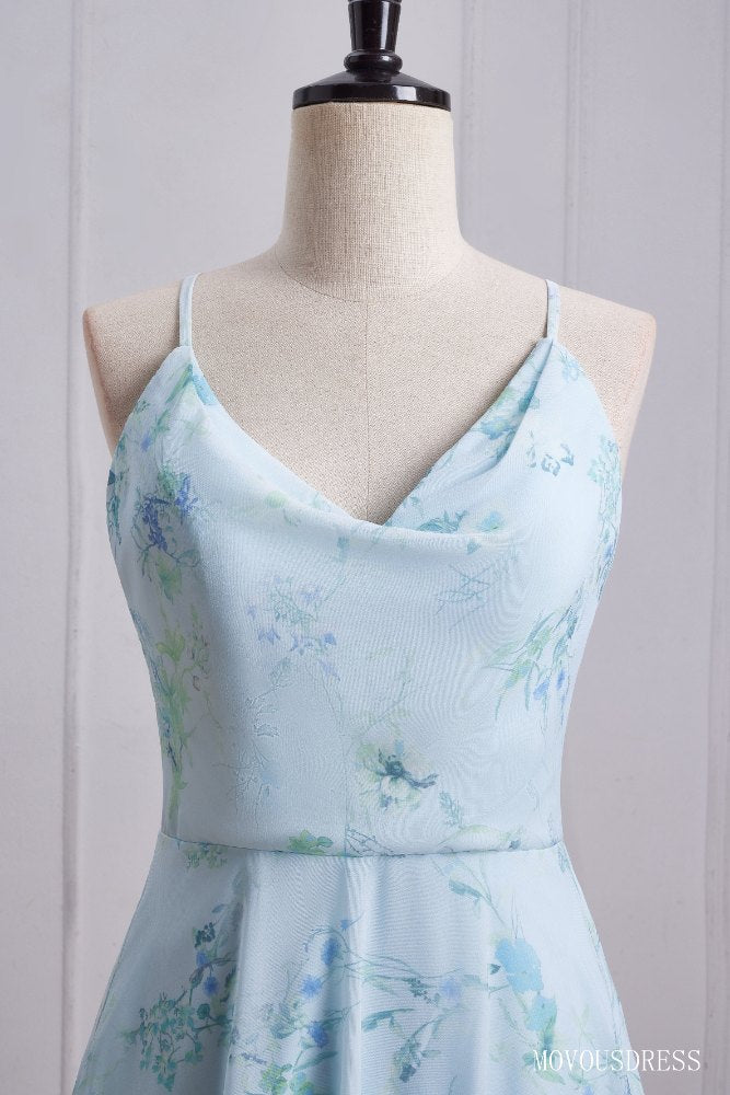 Floral Print Cowl Neck A-Line Long Bridesmaid Dress with Criss Cross Back