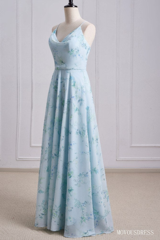 Floral Print Cowl Neck A-Line Long Bridesmaid Dress with Criss Cross Back