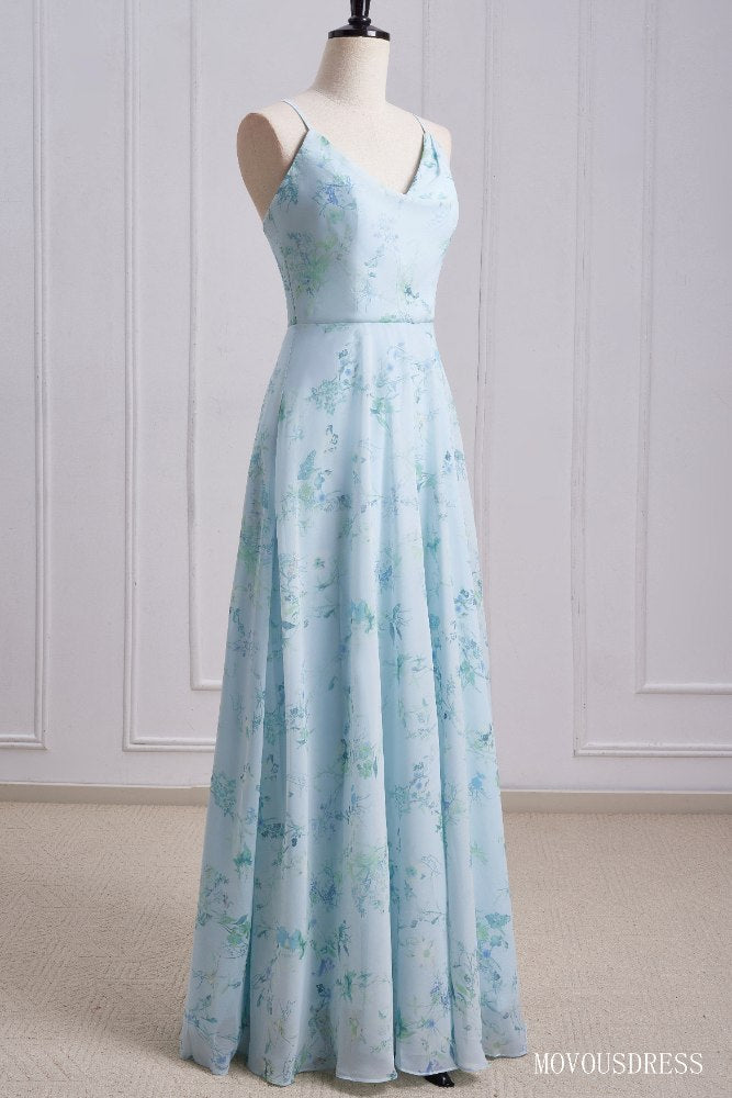 Floral Print Cowl Neck A-Line Long Bridesmaid Dress with Criss Cross Back