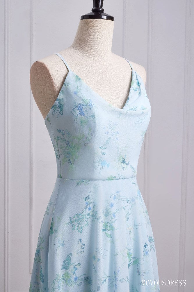 Floral Print Cowl Neck A-Line Long Bridesmaid Dress with Criss Cross Back