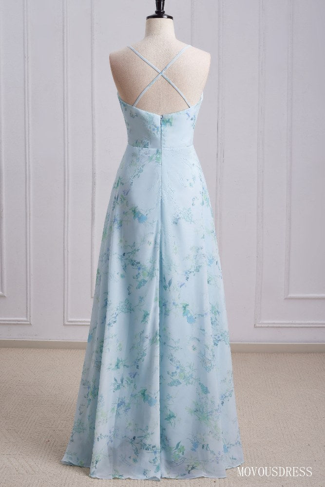 Floral Print Cowl Neck A-Line Long Bridesmaid Dress with Criss Cross Back