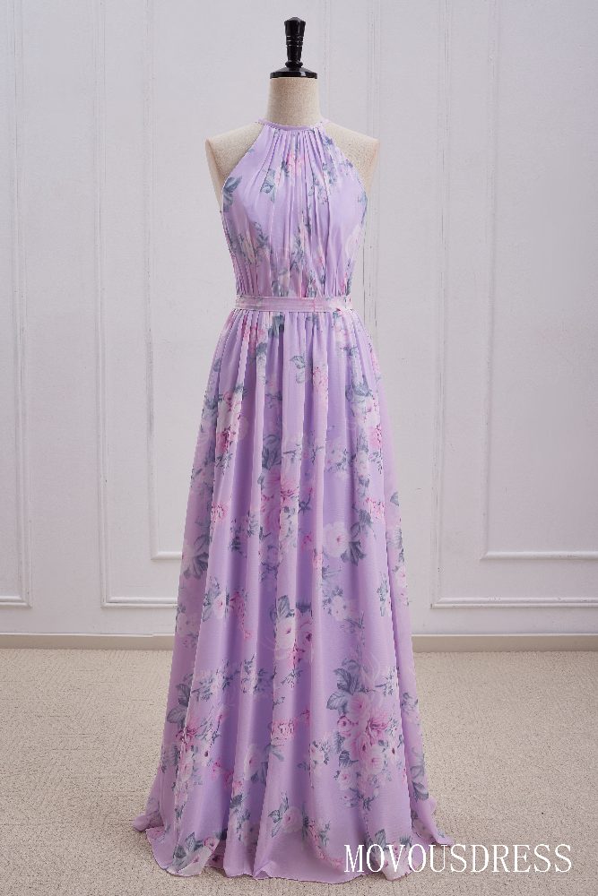 Light Purple Halter A-Line Bridesmaid Dress with Floral Print