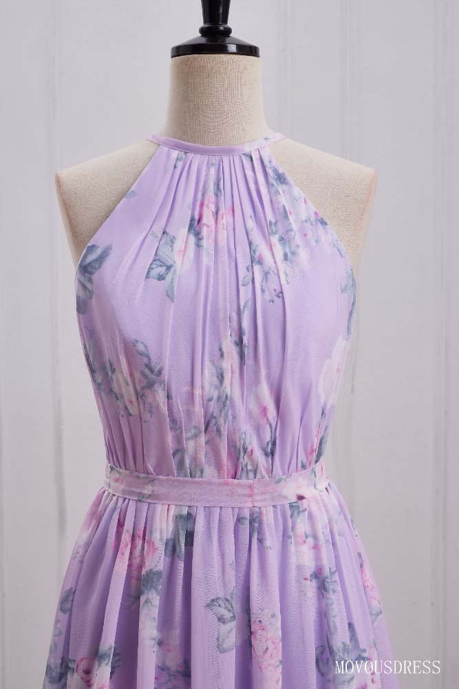 Light Purple Halter A-Line Bridesmaid Dress with Floral Print