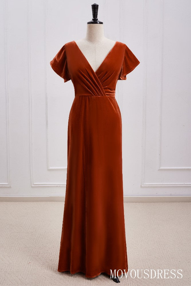 Burnt Orange V-Neck Velvet Bridesmaid Dress with Open Back