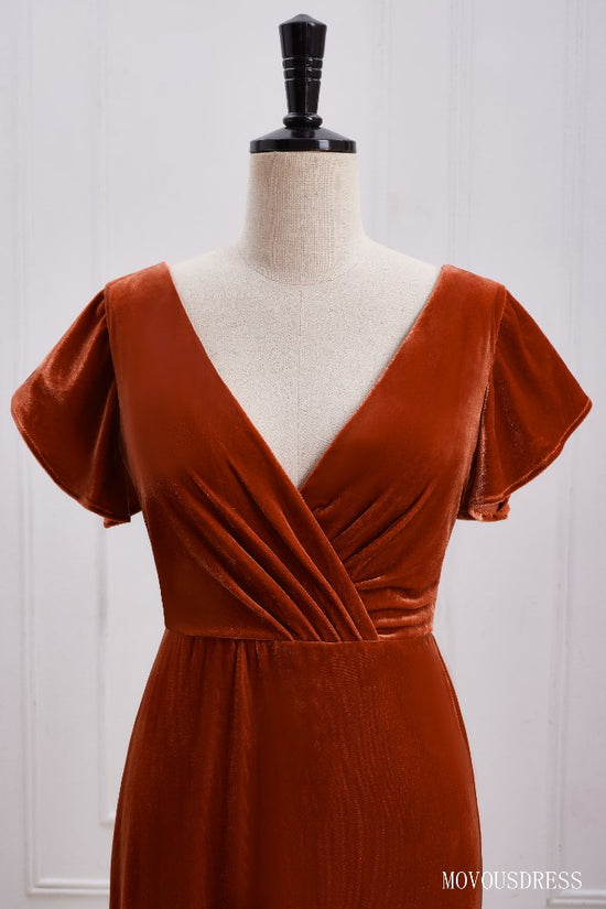 Burnt Orange V-Neck Velvet Bridesmaid Dress with Open Back