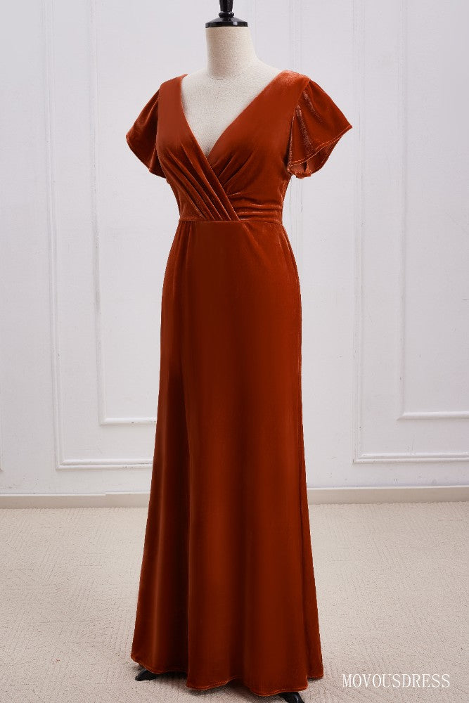 Burnt Orange V-Neck Velvet Bridesmaid Dress with Open Back