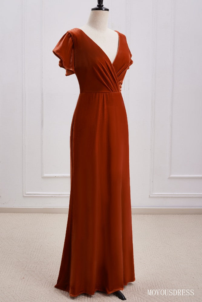 Burnt Orange V-Neck Velvet Bridesmaid Dress with Open Back