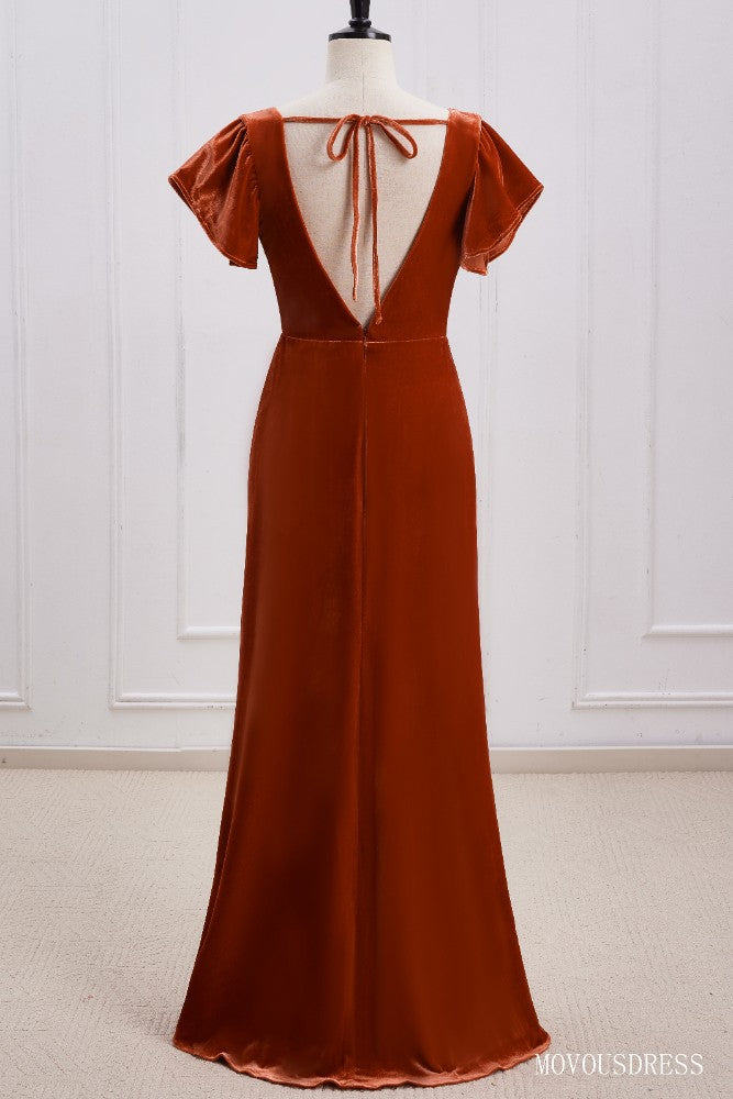 Burnt Orange V-Neck Velvet Bridesmaid Dress with Open Back