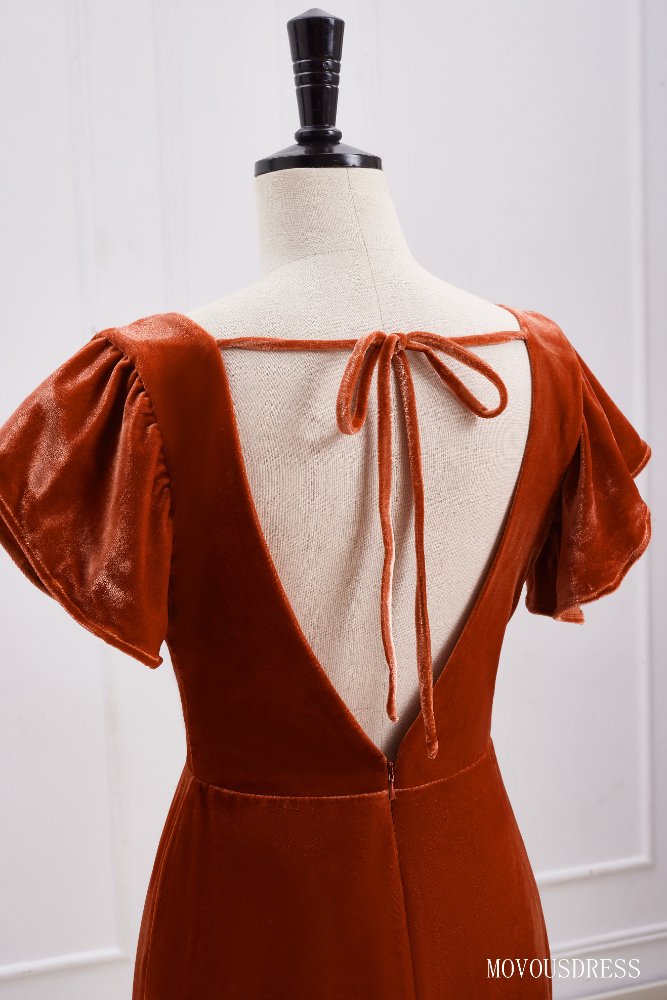 Burnt Orange V-Neck Velvet Bridesmaid Dress with Open Back