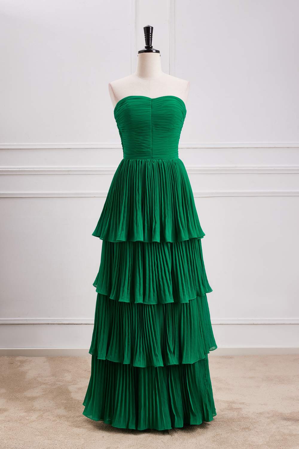 Strapless Hunter Green Chiffon  A-line Ruffle Long Prom Dress