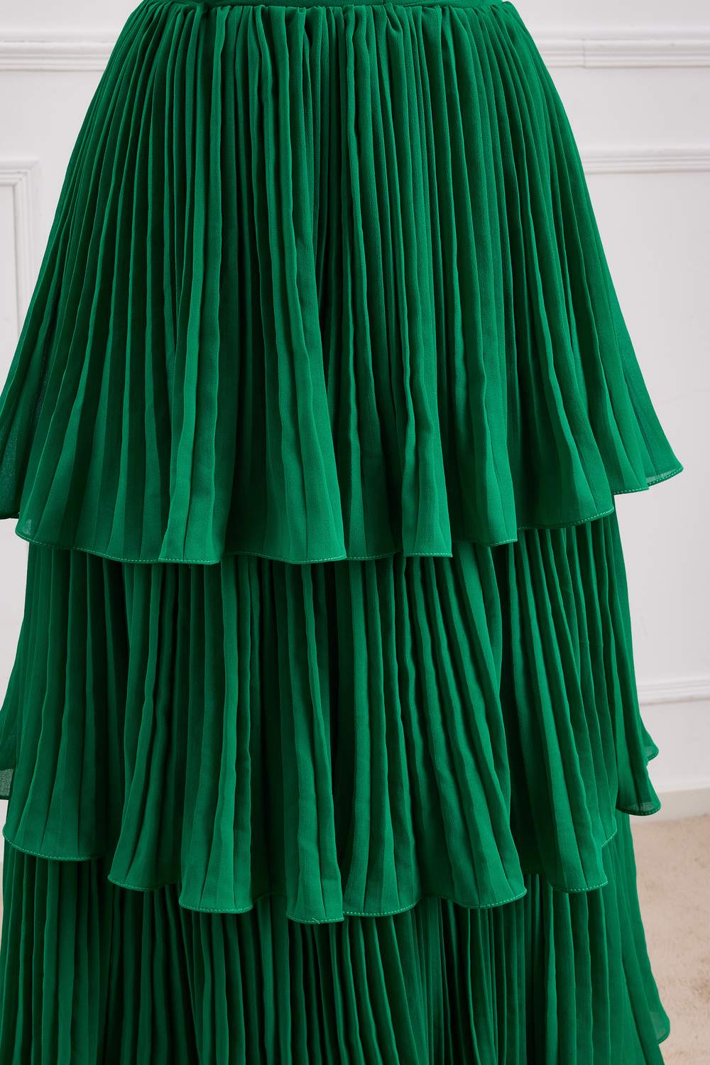 Strapless Hunter Green Chiffon  A-line Ruffle Long Prom Dress