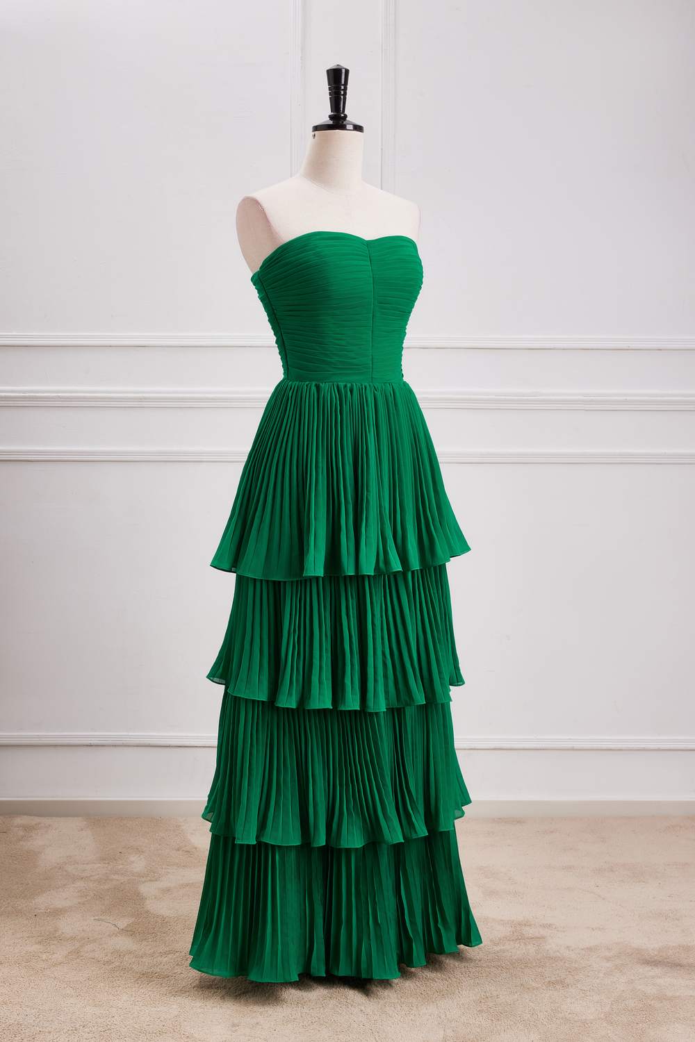 Strapless Hunter Green Chiffon  A-line Ruffle Long Prom Dress