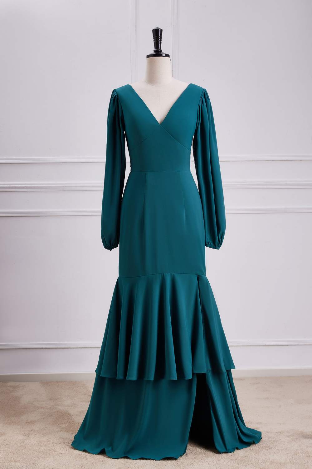 V-Neck Teal Long Sleeves Ruffle Slit Mermaid Bridesmaid Dress