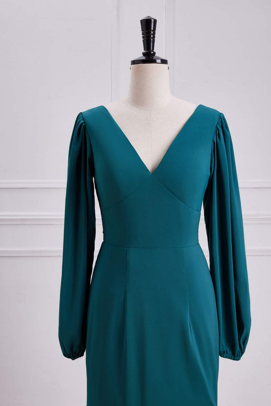 V-Neck Teal Long Sleeves Ruffle Slit Mermaid Bridesmaid Dress