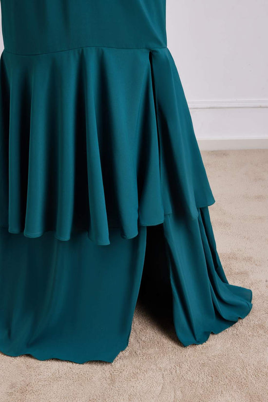 V-Neck Teal Long Sleeves Ruffle Slit Mermaid Bridesmaid Dress