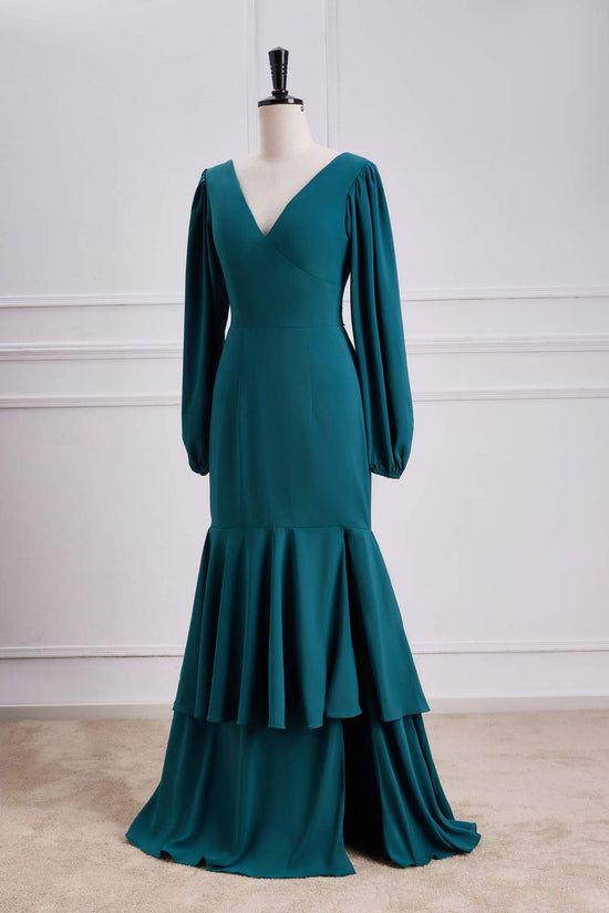 V-Neck Teal Long Sleeves Ruffle Slit Mermaid Bridesmaid Dress