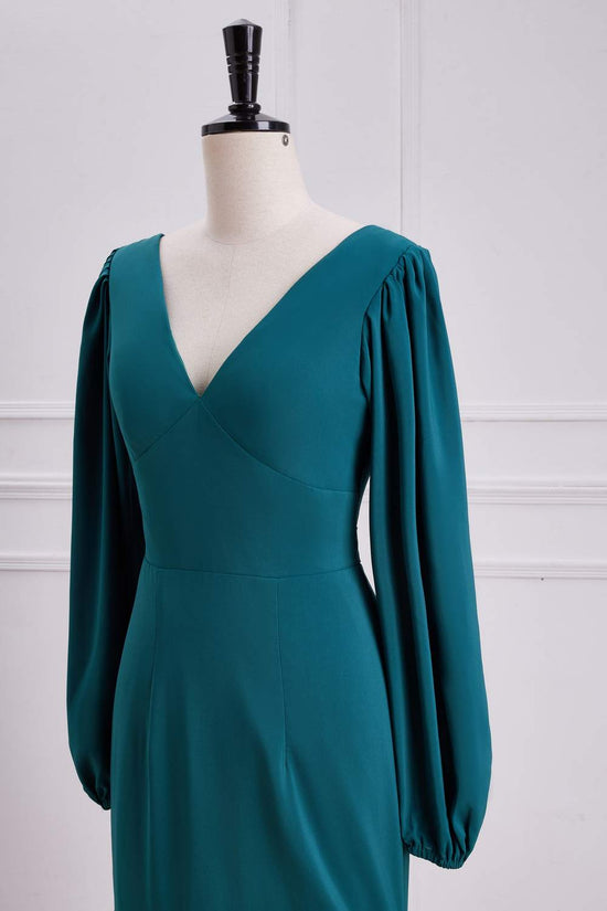 V-Neck Teal Long Sleeves Ruffle Slit Mermaid Bridesmaid Dress