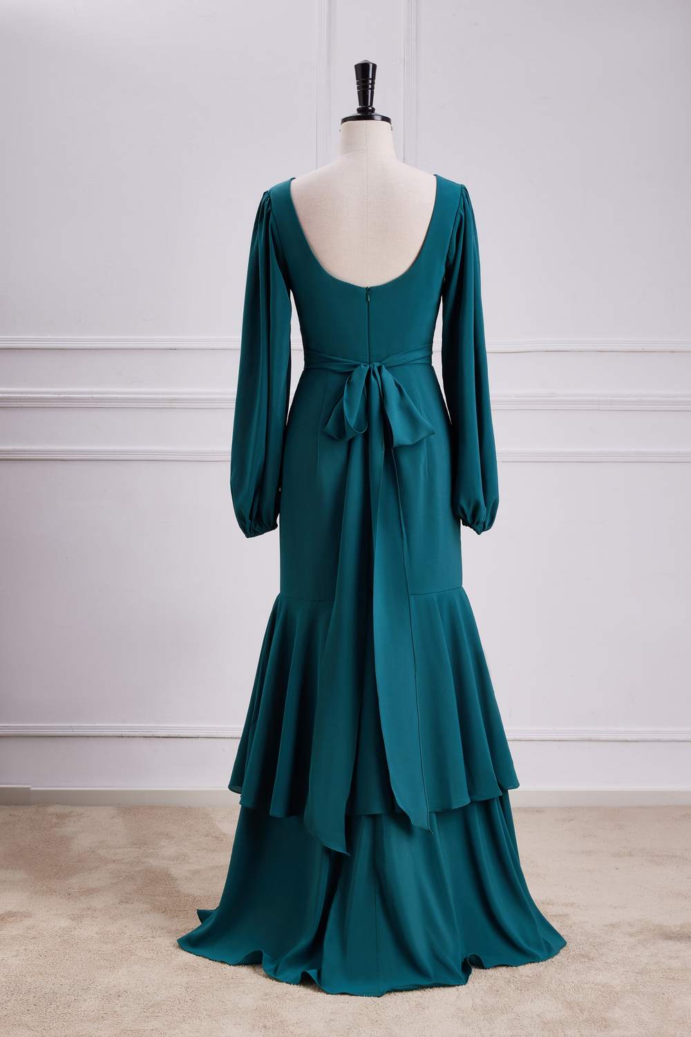 V-Neck Teal Long Sleeves Ruffle Slit Mermaid Bridesmaid Dress