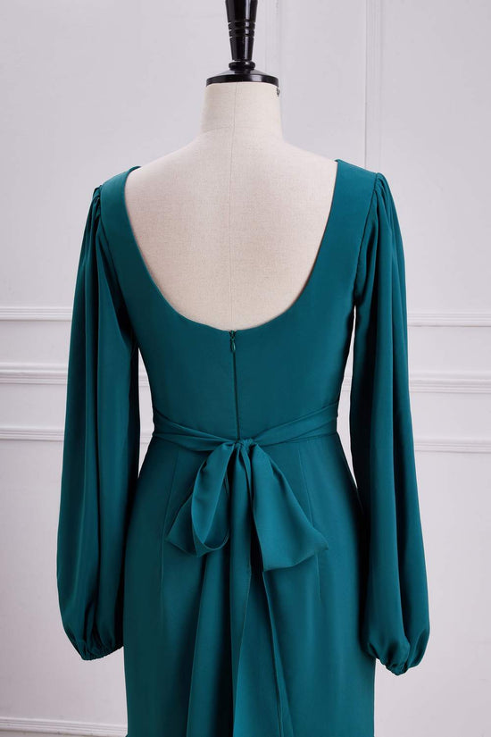 V-Neck Teal Long Sleeves Ruffle Slit Mermaid Bridesmaid Dress