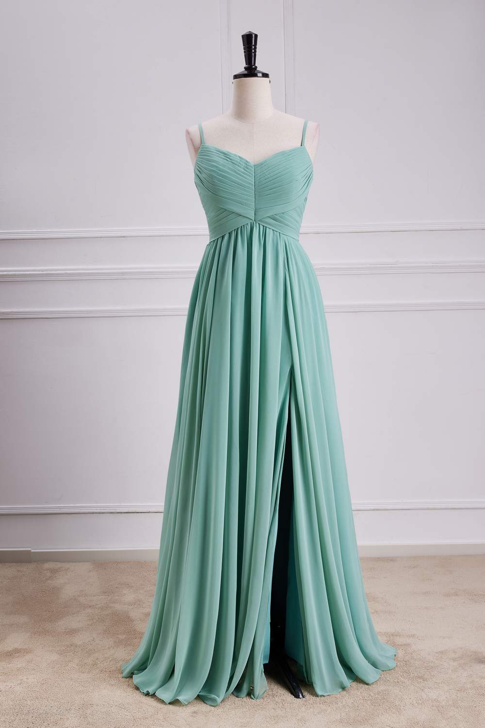 Spaghetti Straps Sage Green Chiffon A-line Slit Bridesmaid Dress