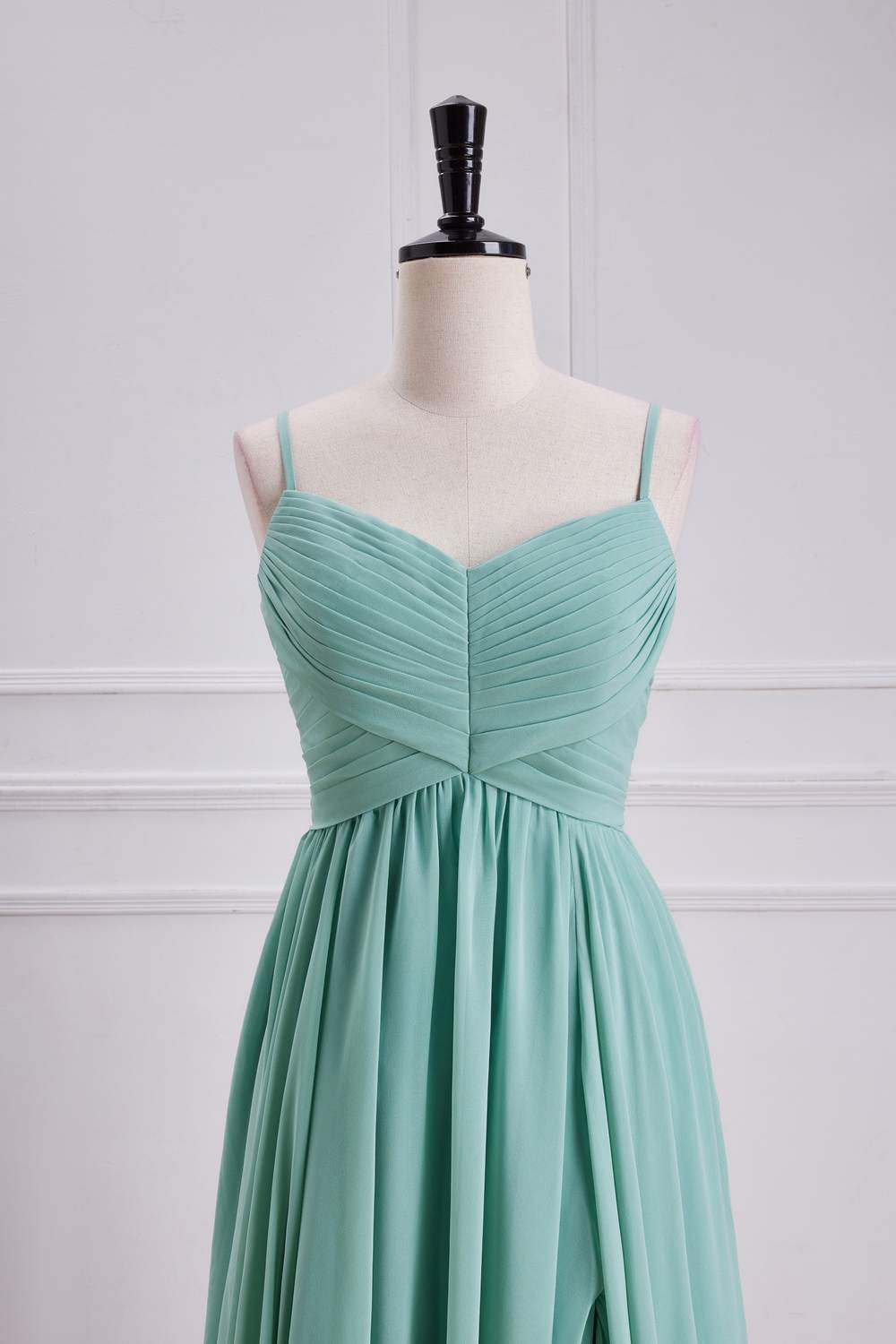 Spaghetti Straps Sage Green Chiffon A-line Slit Bridesmaid Dress