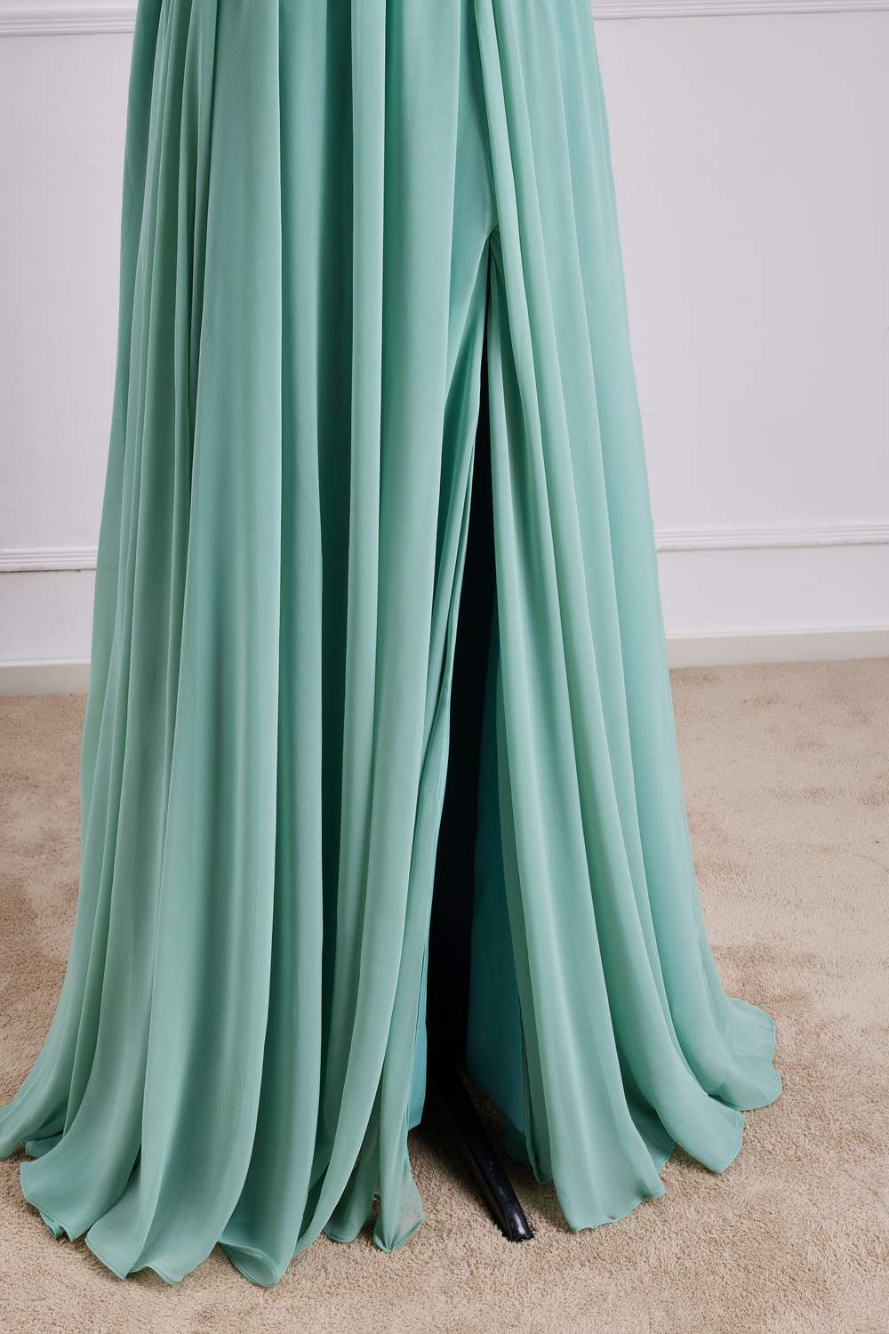 Spaghetti Straps Sage Green Chiffon A-line Slit Bridesmaid Dress