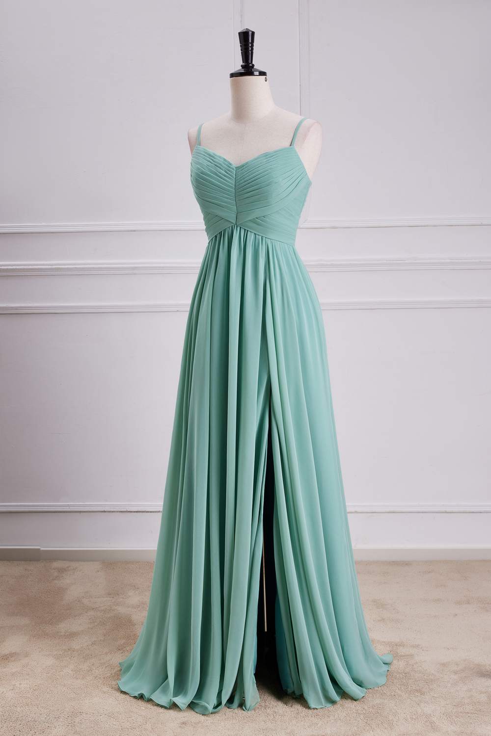 Spaghetti Straps Sage Green Chiffon A-line Slit Bridesmaid Dress