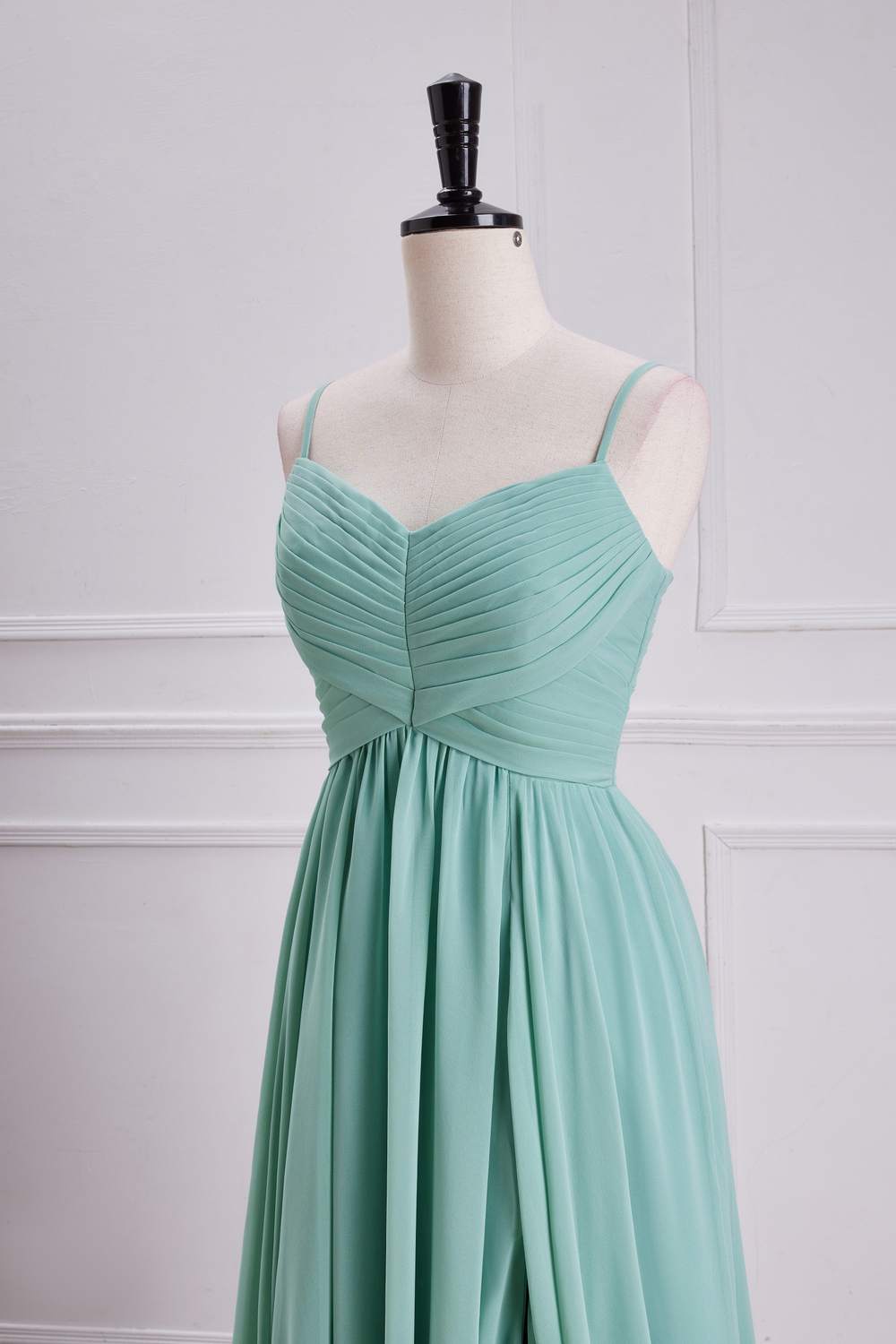 Spaghetti Straps Sage Green Chiffon A-line Slit Bridesmaid Dress