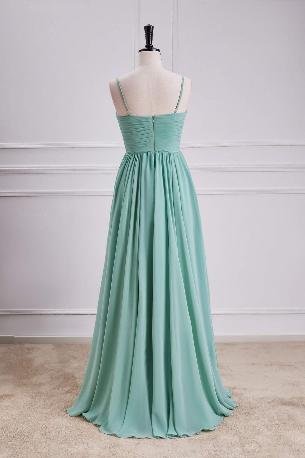 Spaghetti Straps Sage Green Chiffon A-line Slit Bridesmaid Dress