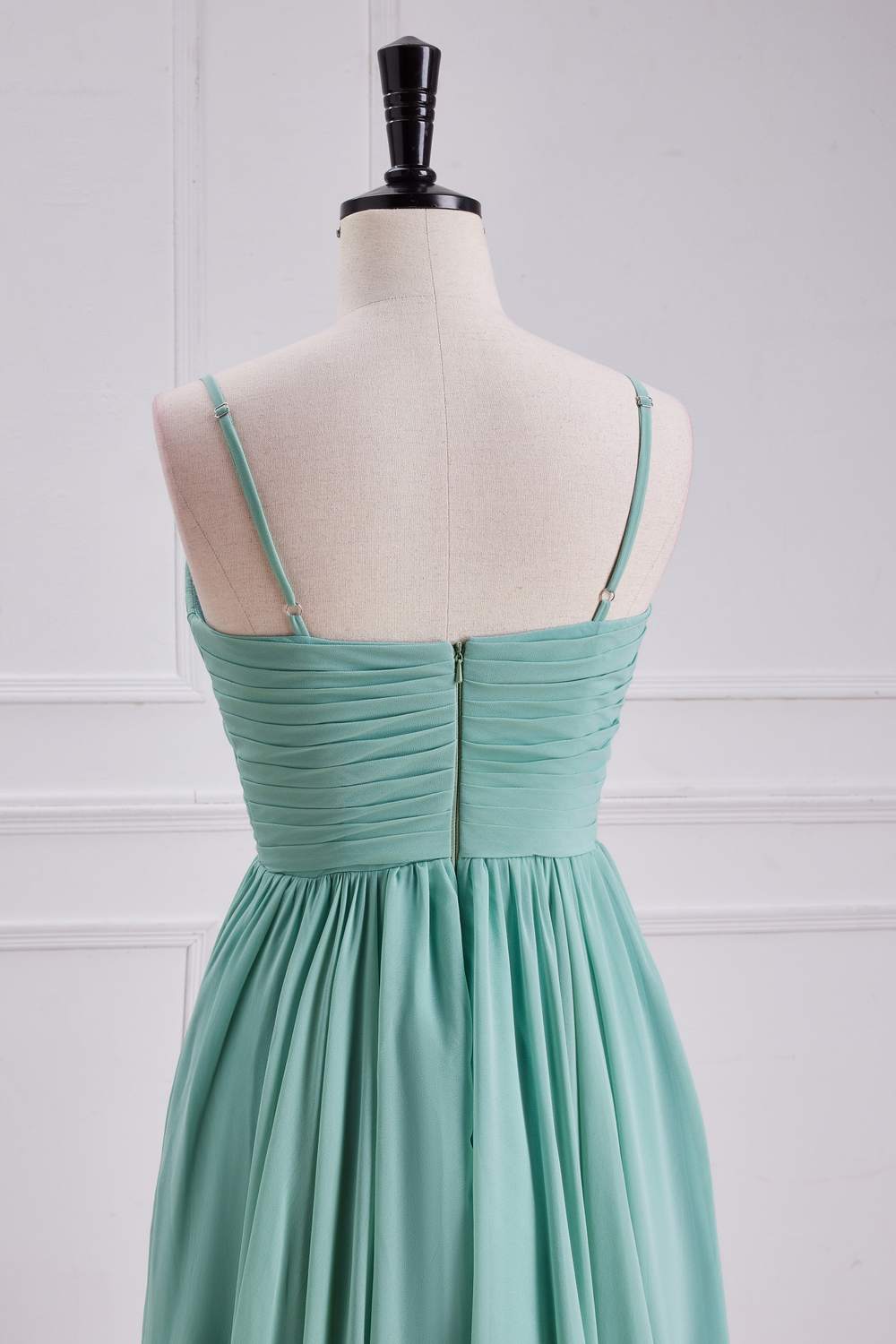 Spaghetti Straps Sage Green Chiffon A-line Slit Bridesmaid Dress