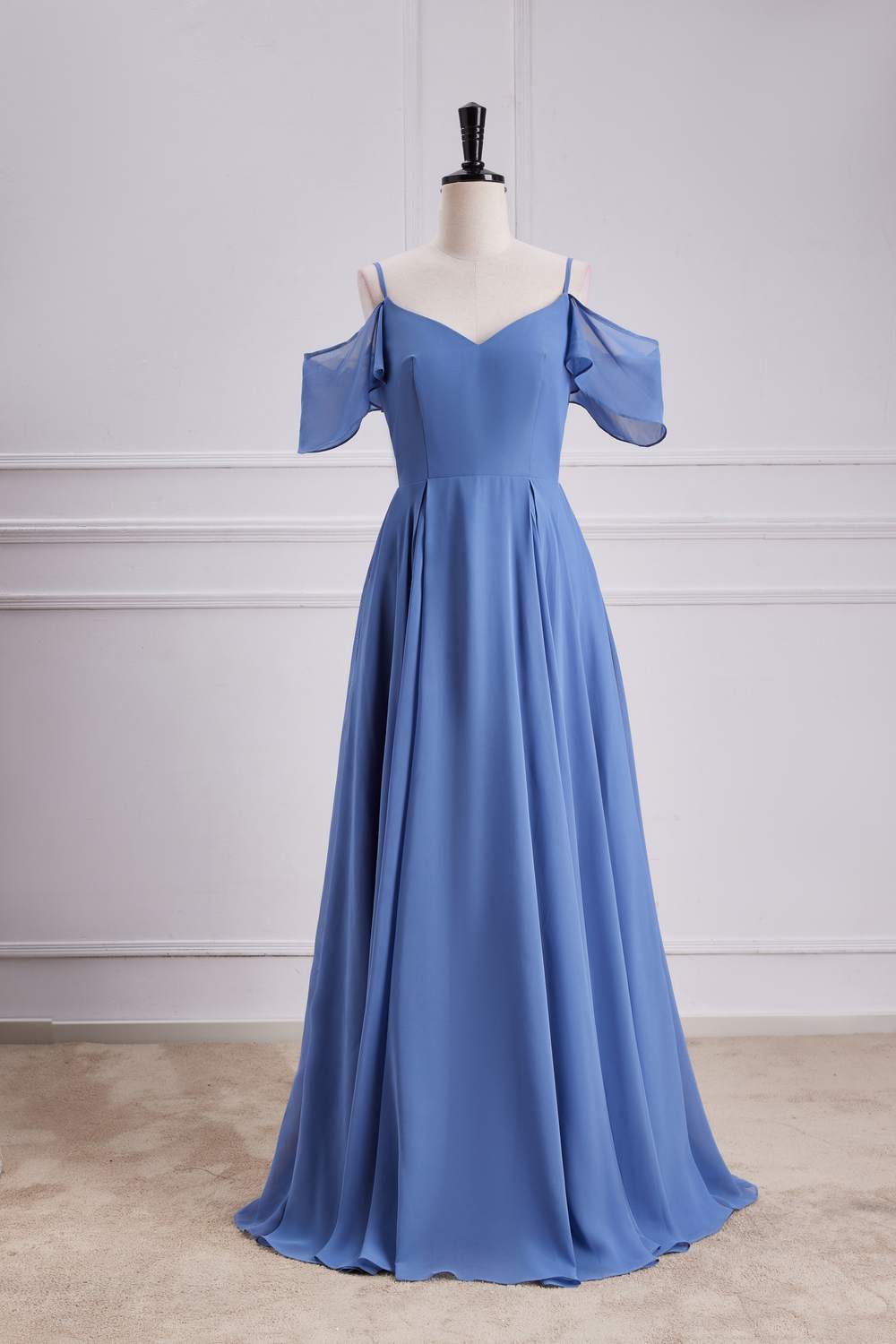 Chiffon Blue Cold Shoulder A-line Long Bridesmaid Dress