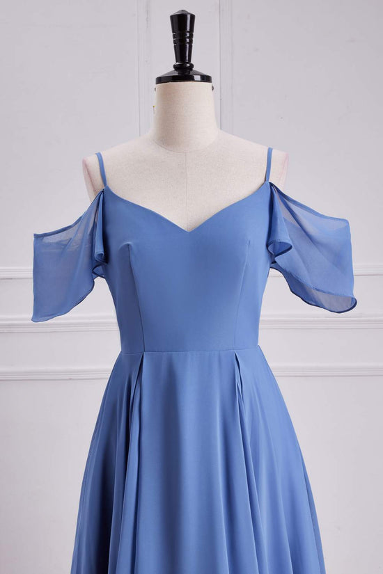 Chiffon Blue Cold Shoulder A-line Long Bridesmaid Dress