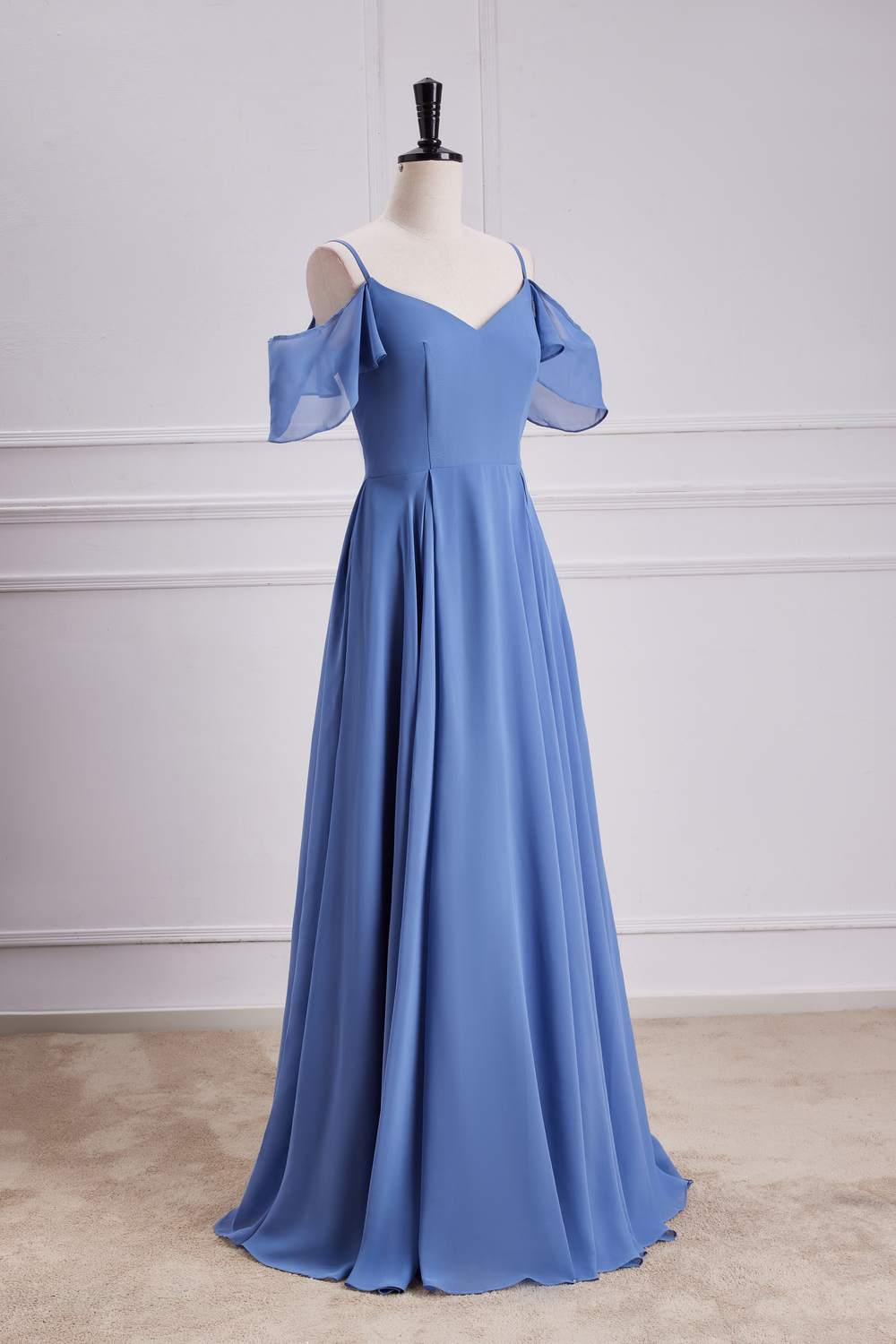 Chiffon Blue Cold Shoulder A-line Long Bridesmaid Dress