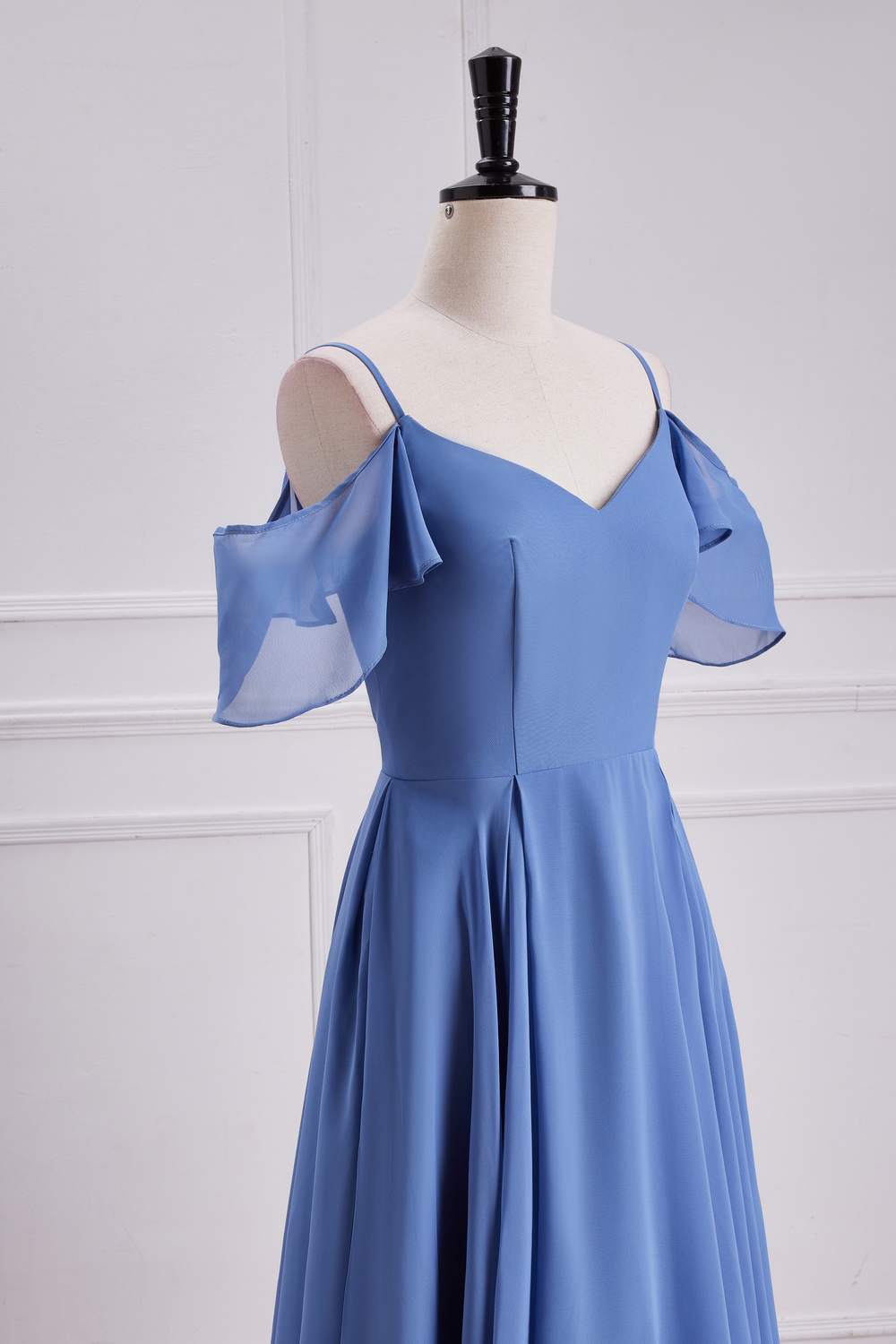 Chiffon Blue Cold Shoulder A-line Long Bridesmaid Dress