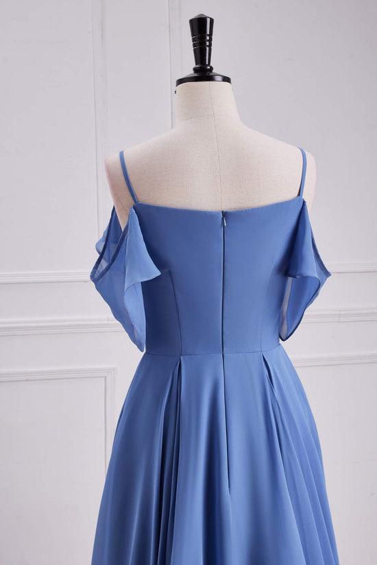 Chiffon Blue Cold Shoulder A-line Long Bridesmaid Dress