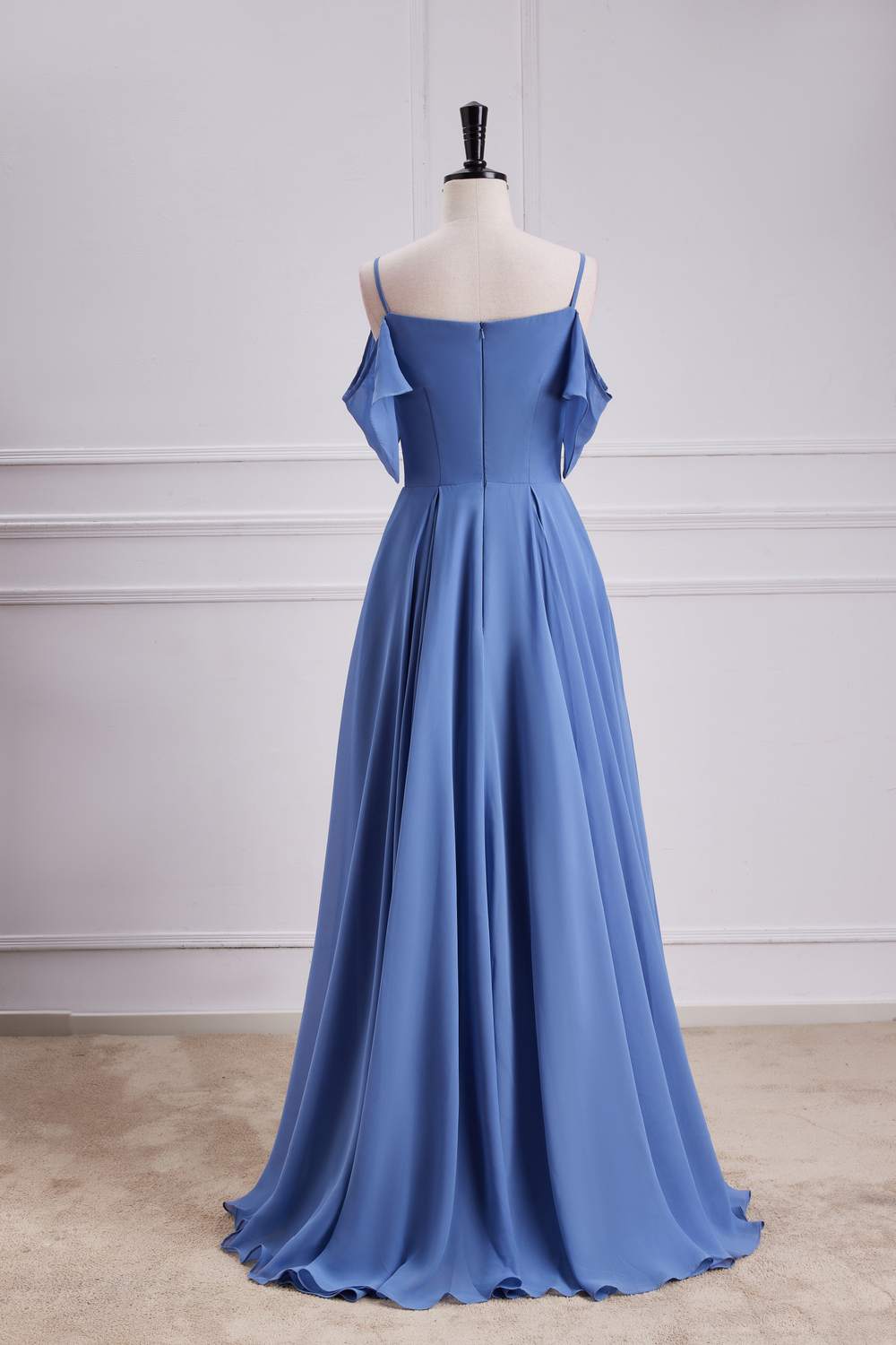 Chiffon Blue Cold Shoulder A-line Long Bridesmaid Dress