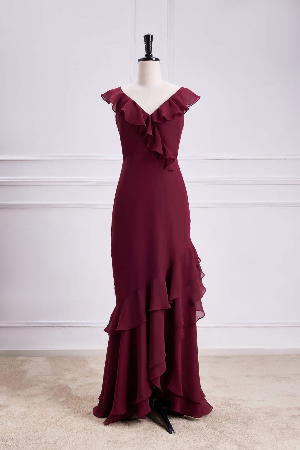 V-Neck Wine Red Ruffled Mermaid Long Bridesmaid Dress